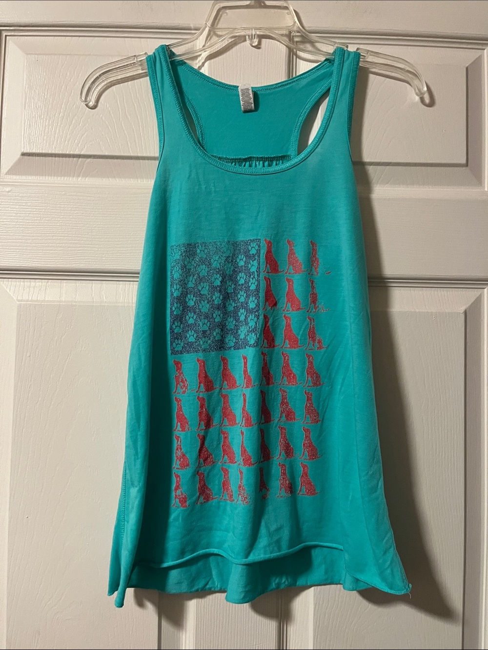 Bella Canvas Teal Tank with Red Graphic Flag Design with dogs and paw prints 🐾 🦮